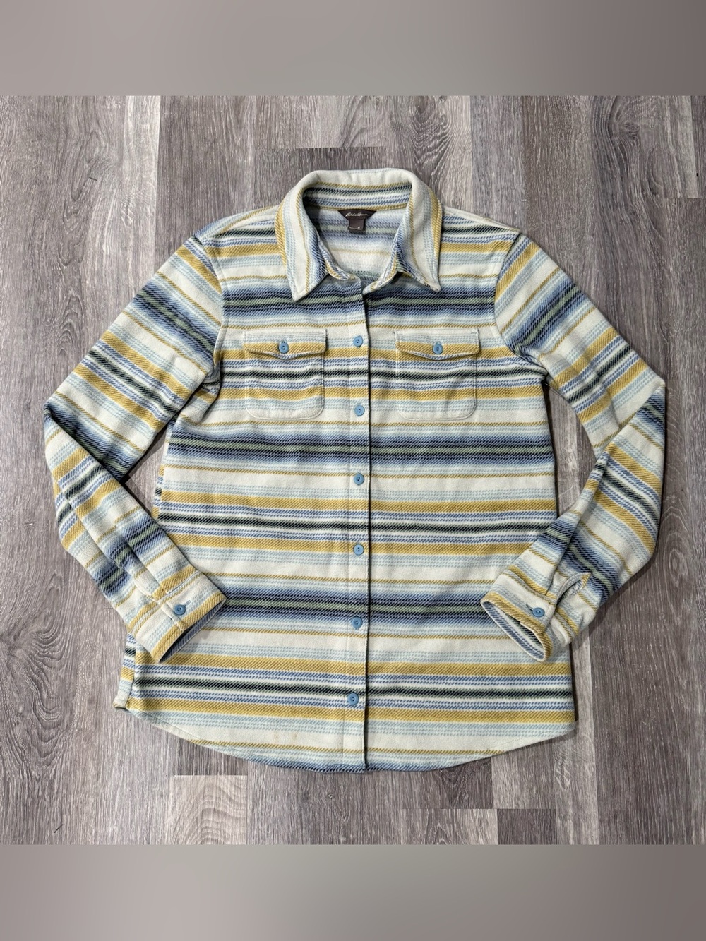 Eddie Bauer Cozy Striped Microfleece Button Up Layering Shirt Jacket
